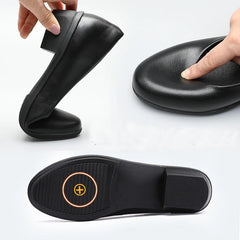 Women's Black Leather Work Shoes Round Toe Pumps Thick Heels Soft Sole Professional Non-Slip Work Shoes
