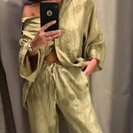 New Fashion Linen Tie-Dye Print Long Pant Set For Women Lapel Half Sleeve Single Breasted Shirts Drawstring Wide Leg Pant 2 Pieces Lounge Set