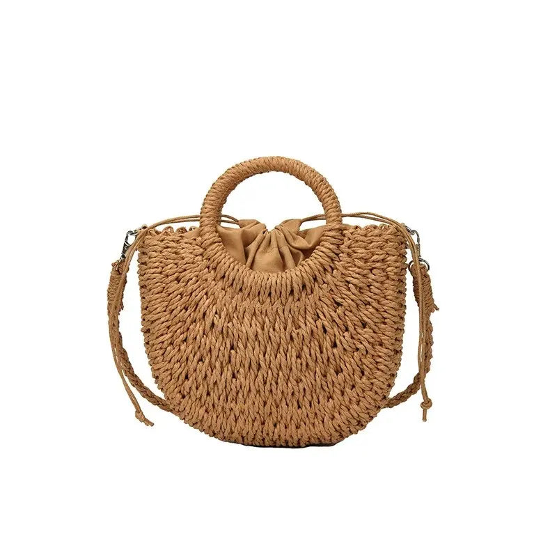 Handwoven Straw Purse Rattan Half-Moon Beach Handbag Large Capacity Women Summer Hollow Out Crossbody Shoulder Bag