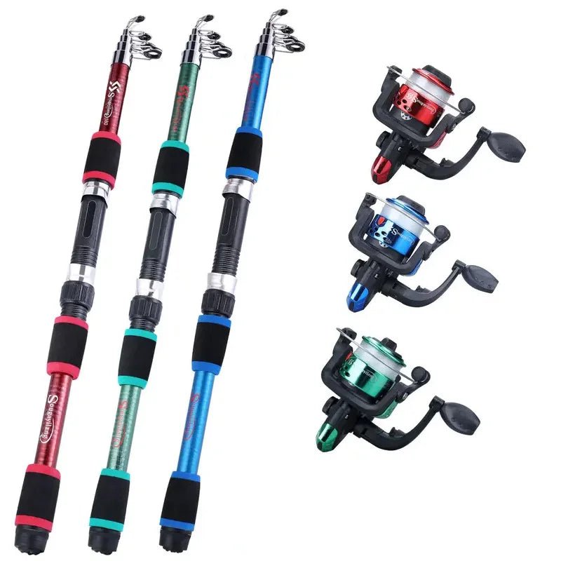 Fishing rod and reel set with three different colored rods and reels on a white background