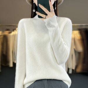 Women's Sweater Half Height Curled Collar Bright Silk Pure Wool Yarn Knitwear Pullover Sweater