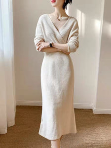 Women's Celebrity Style Sweater Dress V-Neck Backing Temperament Commuter Knit Long Sweater Dress