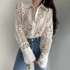 Women's Long Sleeve White Shirt Fall Spring Hollow Out Floral Embroidered Shirt Vintage Loose Tops