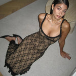 Black Lace Slip Dress Spaghetti Strap Frill Midi Dress Sexy Bodycon Night Club Party Dress