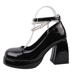 Vintage Chunky High Heel Platform Shoes for Women Pearl Chain and Ankle Straps