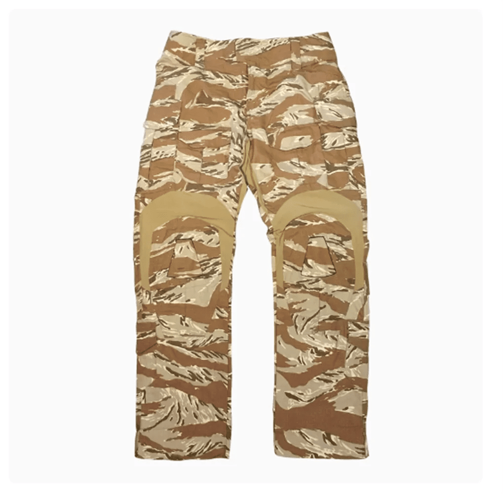 Camouflage pants with a tiger stripe pattern on a white background