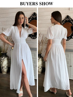 Women's White Long Dress Elegant Puff Sleeve V-Neck Dress with Buttons