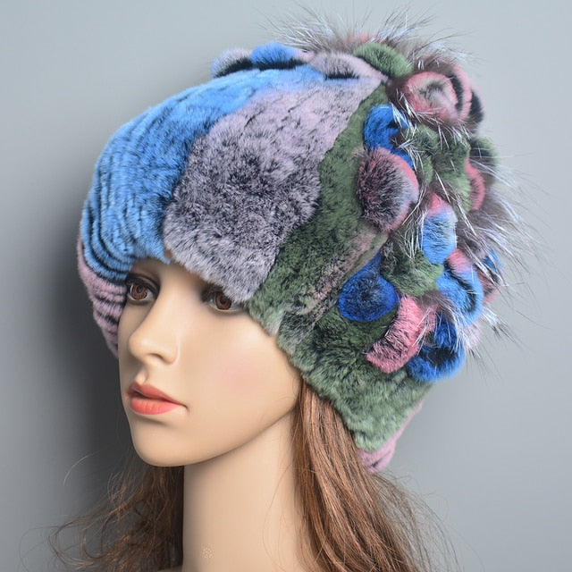 Women's Genuine Rex Rabbit Fur Hat Striped Top Flower Warm Real Fur Knit Beanie Caps