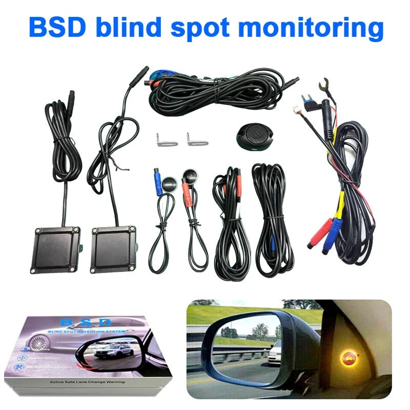 Car blind spot monitoring system components with wiring and sensors on a white background.