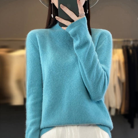 Wool Knit Sweater Women Half Height Curled Collar Bright Silk Pure Yarn Pullover Fashion Top