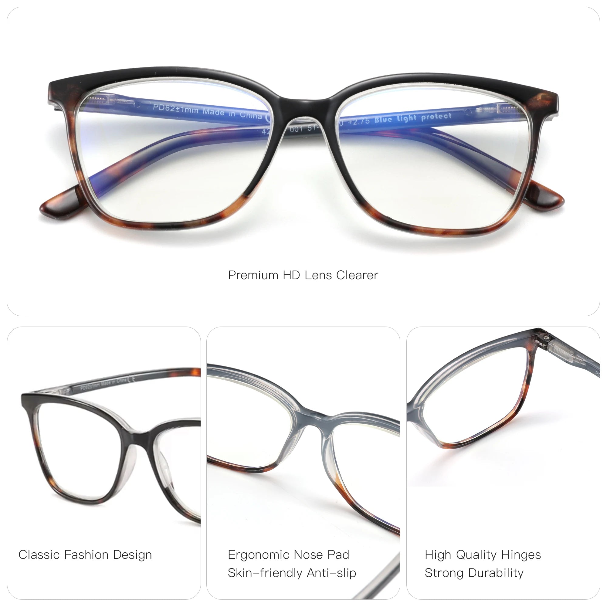 Eyeglasses with features highlighted on a white background