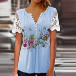 Women's Patchwork Lace Floral Print Top Embroidered Mesh Short Sleeve Blouse