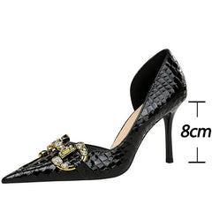 Luxury Rhinestone Buckle Pointed-Toe Stiletto Heels – Black Crocodile Pattern Pumps