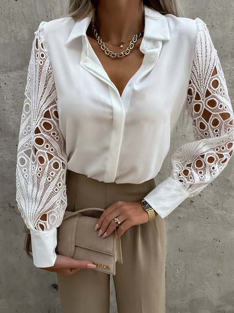 Lace Patchwork Blouse Women Elegant Vintage Office White Black All Season Casual Fashion Top