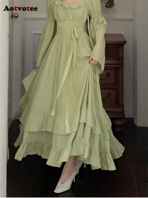 Flared Sleeve Fairycore Maxi Dress Women Solid Square Collar Long Elegant Casual Fashion