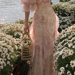 Women Fairy-core Floral Off Shoulder Chiffon Long Dress
