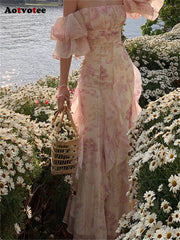 Women's Fairy-core Floral Off Shoulder Chiffon Long Dress
