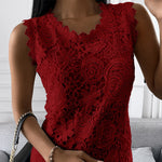 Women's Sleeveless Floral Lace Crochet Tank Tops Round Neck Loose-Shirt Top