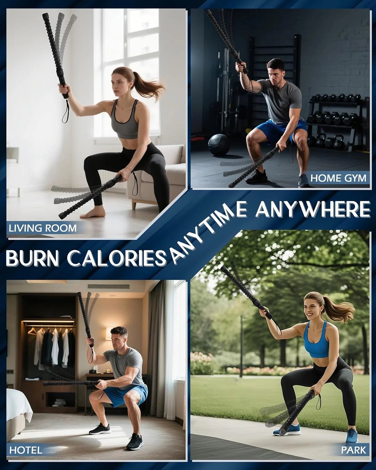 Collage of people using resistance bands in various settings with text 'Burn Calories Anytime Anywhere'.