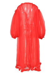 Women's Red Dot Mesh Long Over Size Holiday Dressing Gown Duster V-neck Long Sleeve Loose Fit Gown