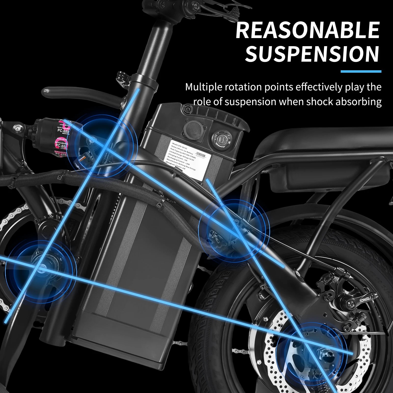 Close-up of a e-bike suspension system with text on reasonable suspension.