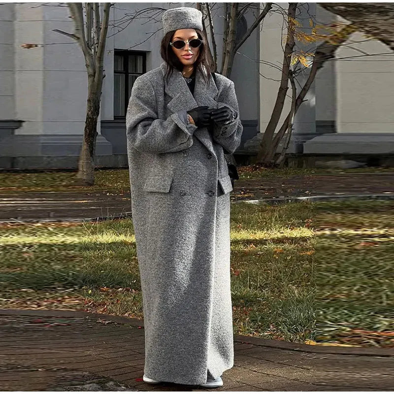 Classic Double-Breasted Long Faux Wool Coat for Women – Elegant Winter Overcoat