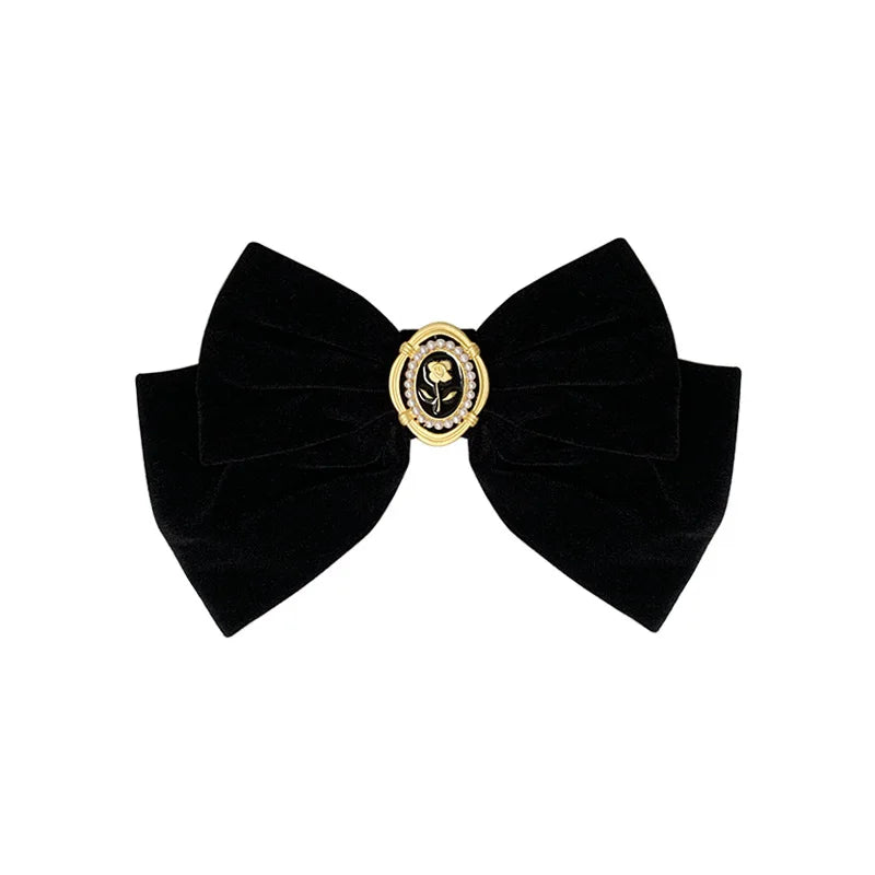 Black Velvet Bow Hair Pins Elegant Fabric & Alloy Rose Hair Clips for Women Fashion Ponytail Barrette Headwear Accessories