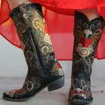 Women's Cowgirl Boots Faux Leather Mid Calf Boots Retro Embroidered Slip On Chunky Heel Cowboy Boots