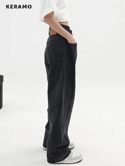 Women's Baggy  Long Jeans Black Wide Leg Trousers Streetwear Vintage High Waist Denim Pants Big Pocket