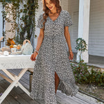 Women's Bohemian Beach Long Dress Spring Summer Casual V-Neck Short Sleeve Print Dresses