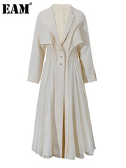Women's Pleated Long Elegant Dress Lapel Neck Long Sleeve Loose Fit Fashion