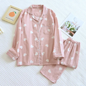 Heart-Print Long-Sleeve Pajama Set 100% Cotton