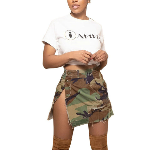 Camouflage Mini Skirt Women Y2K Print Side Slit Streetwear Casual Fashion Dress Skirt