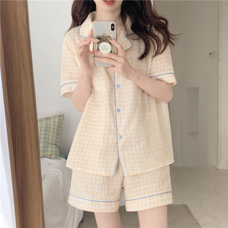 Women's Night Wears 2 Piece Pajama Set Plaid Shorts and Top Summer Pajama Set