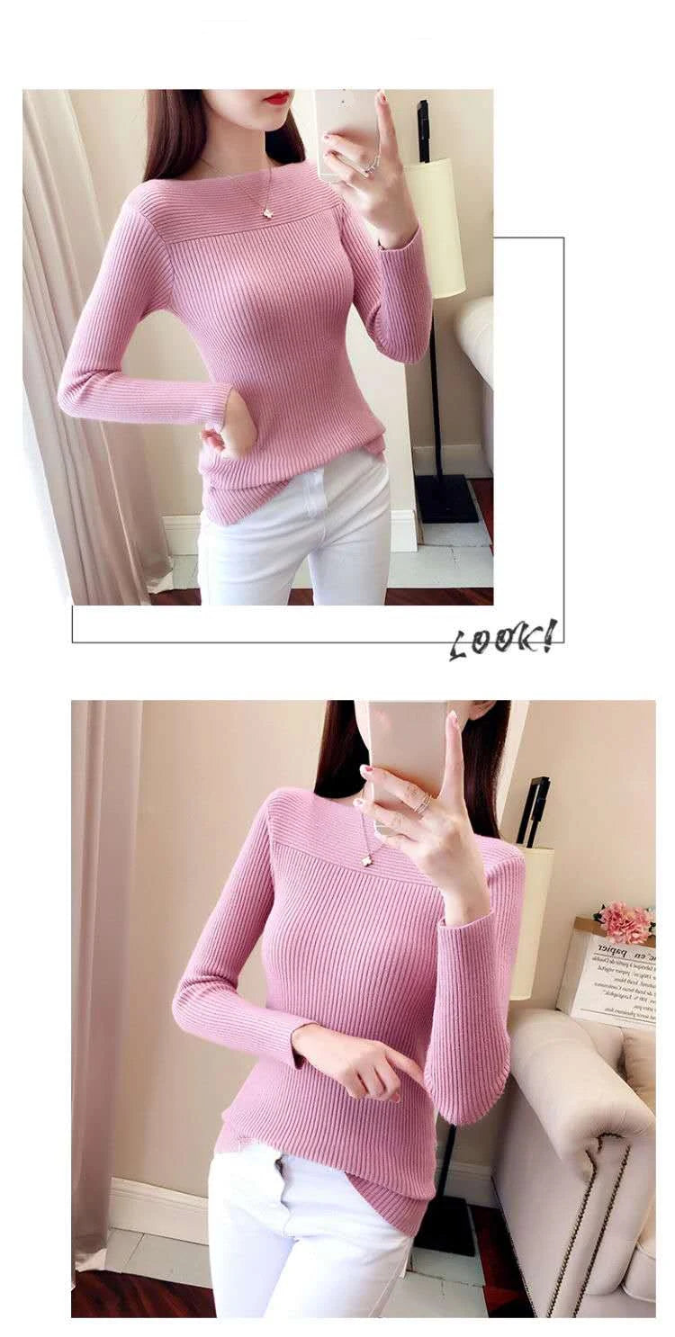 Ribbed Slash Neck Slim Sweater Knitted Long Sleeve Office Casual Solid Pullovers For Women