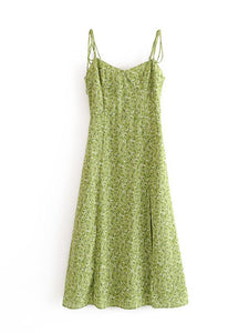Women's Vintage Very Green Floral Long Midi Strap Dress Sleeveless  Slit A-line Dress
