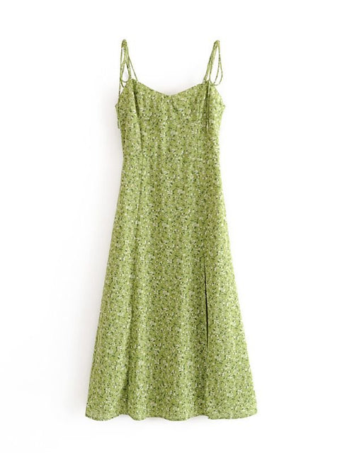 Floral Print Midi Dress Women Vintage Green Sleeveless Slit A-Line Casual Summer Fashion Dress