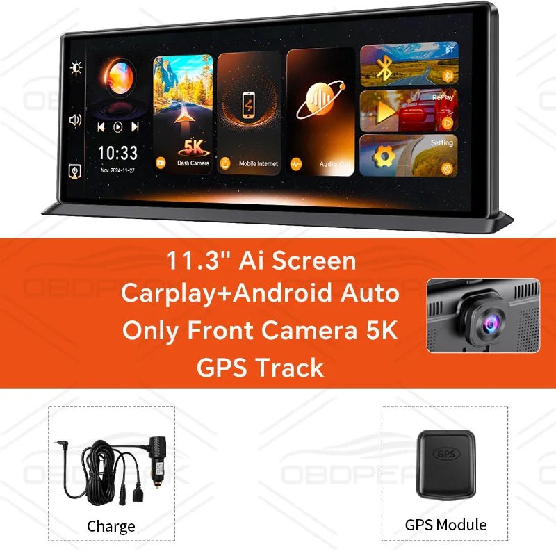 11.3" Ai Screen Carplay+Android Auto display with front camera and GPS module on a white background.