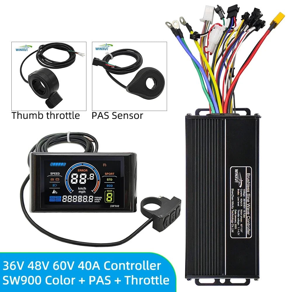 Electric bike controller with throttle, PAS sensor, and wiring on a white background
