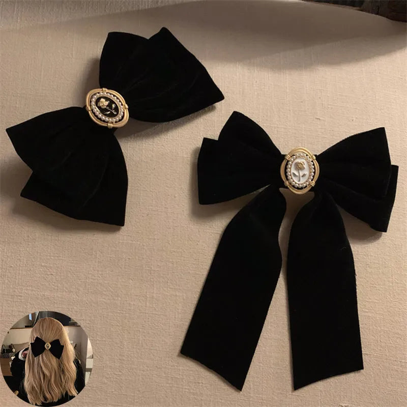 Black Velvet Bow Hair Pins Elegant Fabric & Alloy Rose Hair Clips for Women Fashion Ponytail Barrette Headwear Accessories