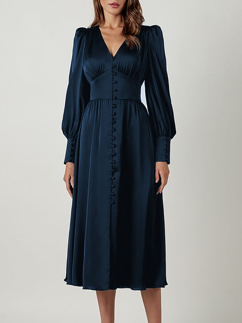 Long Sleeve Button Down Midi Dress Women Elegant Beige V-Neck High Slit Casual Work Cocktail