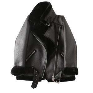 Women's Oversized Faux Leather Shearling Jacket with Zippered Closure in Black and White