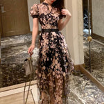 High Quality Embroidered Long Mesh Summer Dress New Fashion Mesh Sequins Flower Pattern Dress Chic Summer Maxi Long Dress