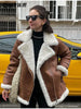 Long Sleeve Coat Faux Fur Lapel for Women With Zipper Pockets Thick Warm Jacket