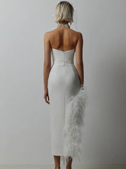 New Women's Sexy Strapless Black / White Feather Midi Bandage Dress with Split Knitted Elegant Evening Bodycon Wedding Party Prom Dress