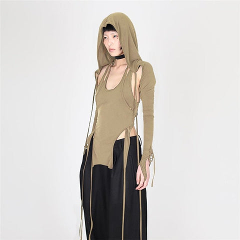Hooded Crop Top Women Fairy Grunge Long Sleeve Y2K Strappy Asymmetric Streetwear Fashion