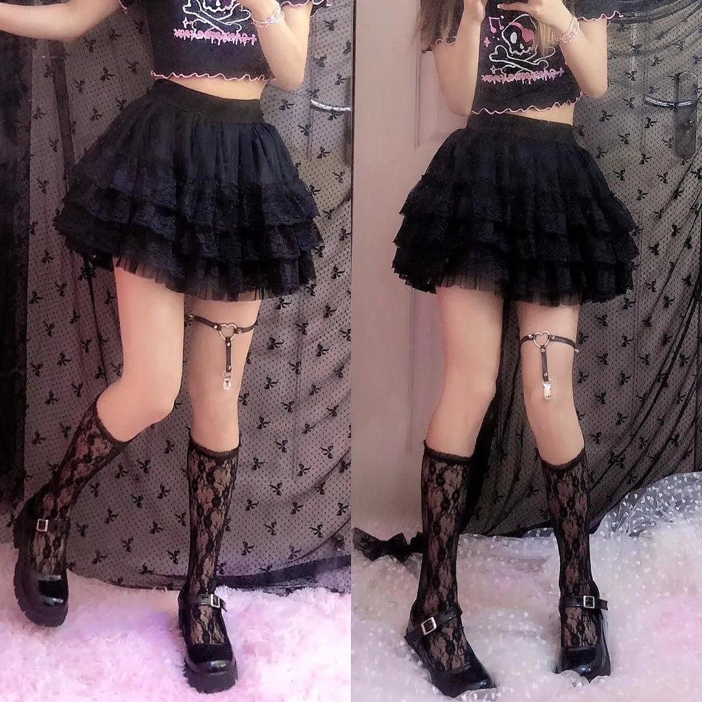 Elastic Gothic Lace Tutu Skirt Black Mesh Detail Petticoat Sexy Mini Tulle Skirts Party Club Wear