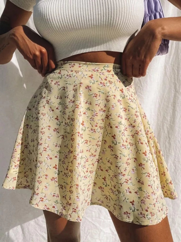 Boho Floral Print Party Mini Skirt High Waist Pleated Skirt Short Sexy Frills Mini Skirts For Women
