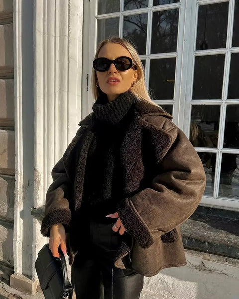 Faux Fur Winter Coat Women Thick Lapel Warm Loose Fit Casual Elegant Outerwear Fashion Jacket