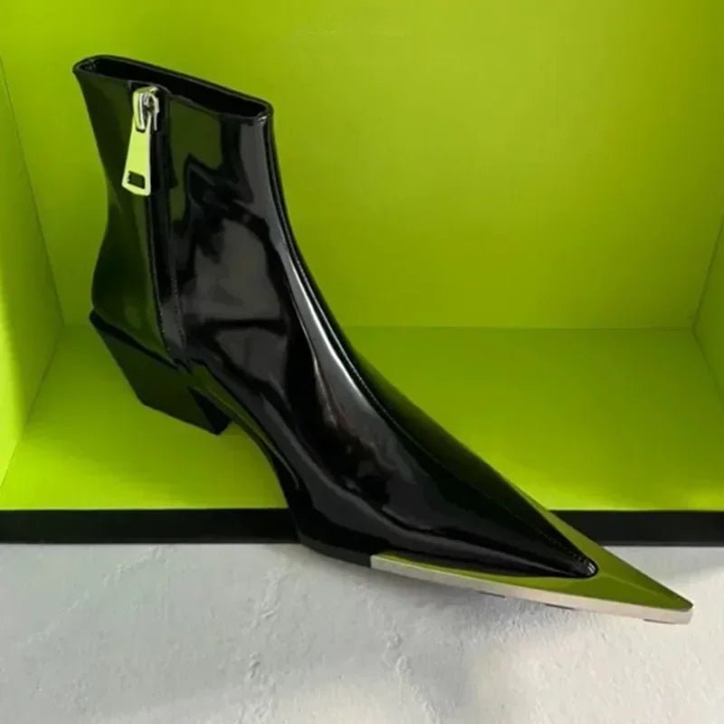 Pointed Toe Chelsea Boots Women Chunky Heel Metal Toe Side Zip Elegant Casual Fashion Ankle